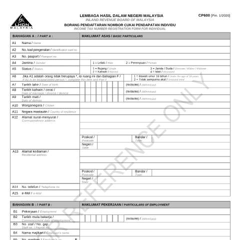 Document preview: Form CP600 [Pin.1/2020] — Registration, Malaysia (CERFA n°CP600)
