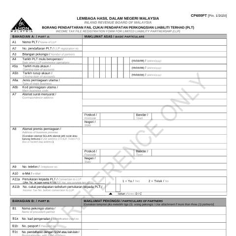 Document preview: Form CP600PT [Pin.1/2020] — Registration, Malaysia (CERFA n°CP600PT)