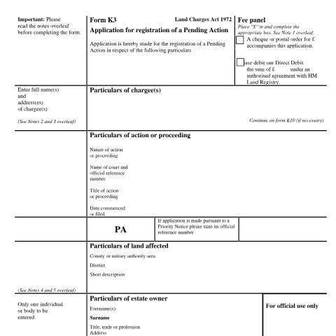 Document preview: Pending Action registration: application (K3) — HM Land Registry, United Kingdom
