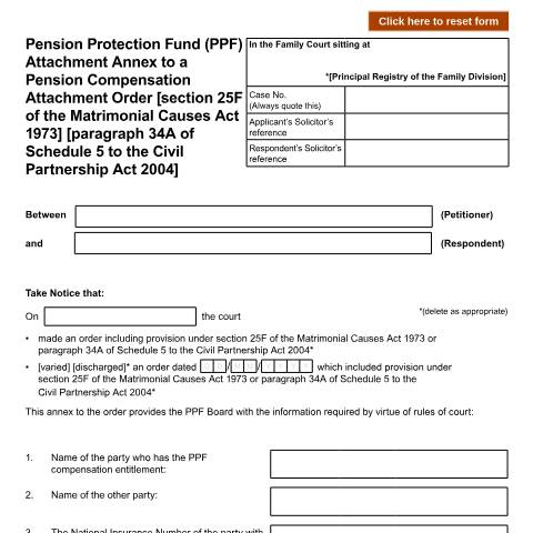 Document preview: Pension Protection Fund (PPF) - Attachment Annex to a Pension Compensation Attachment Order [section 25F of the Matrimonial Causes Act 1973] [paragraph 34A of Schedule 5 to the Civil Partnership Act 2004]: Form PPF2 — HM Courts & Tribunals Service, United Kingdom
