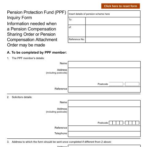 Document preview: Pension Protection Fund (PPF) - Inquiry form information needed when a Pension Compensation Sharing Order or Pension Compensation Attachment Order may be made: Form PPF — HM Courts & Tribunals Service, United Kingdom