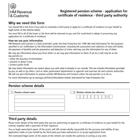 Document preview: Pension schemes: application for certificate of residence and third party authority (APSS146C) — HM Revenue & Customs, United Kingdom