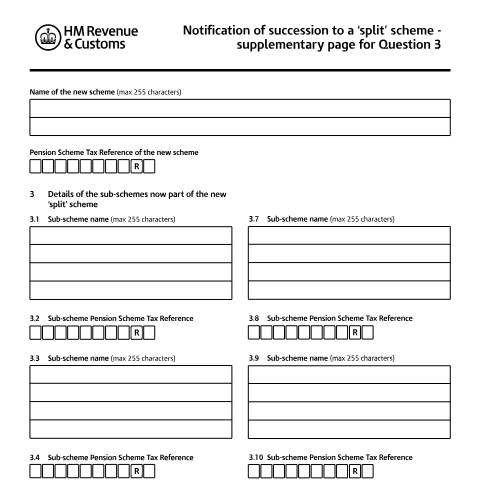 Document preview: Pension schemes: notification of succession to a 'split' scheme (APSS 109) — HM Revenue & Customs, United Kingdom