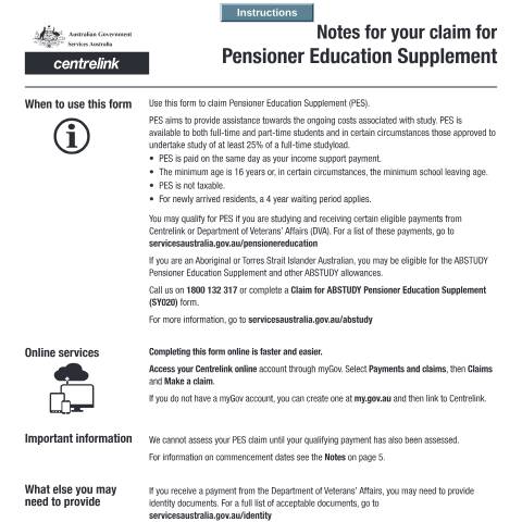 Document preview: Claim for Pensioner Education Supplement — Services Australia — Individuals (by code), Australia (CERFA n°SY004)