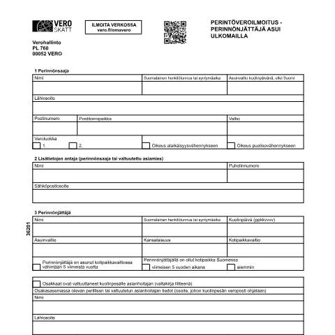 Document preview: Perintöveroilmoitus – perinnönjättäjä asui ulkomailla (3620) — Perintöveroilmoitus – perinnönjättäjä asui ulkomailla (3620), Suomi (CERFA n°Vero 3620)