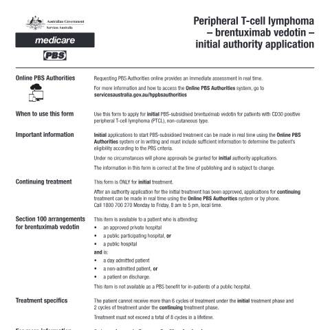 Document preview: Peripheral T-cell lymphoma (PTCL) - brentuximab vedotin - initial authority application form (PB314) — Services Australia — Health professionals, Australia (CERFA n°PB314)