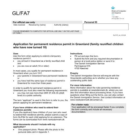 Document preview: Application for permanent residence permit in Greenland (family reunified children who have now turned 18) — Immigration Service / Application forms – The Danish Immigration Service, Danmark
