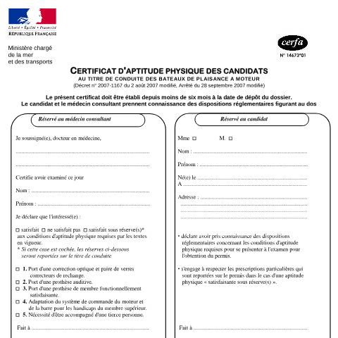 Aperçu du document Permis bateau - Certificat d'aptitude physique — Particuliers, France (CERFA n°14673*01)