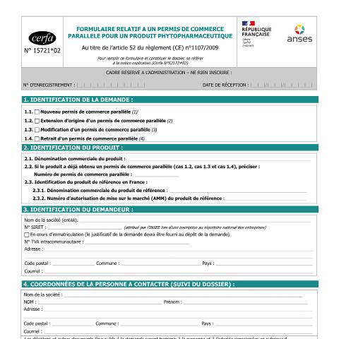 Aperçu du document Formulaire relatif à un permis de commerce parallèle pour un produit phytopharmaceutique — Professionnels, France (CERFA n°15721*02)