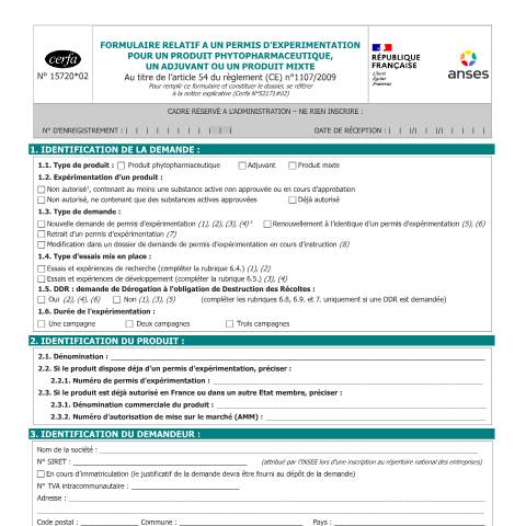 Aperçu du document Formulaire relatif à un permis d'expérimentation pour un produit phytopharmaceutique, un adjuvant ou un produit mixte — Professionnels, France (CERFA n°15720*02)