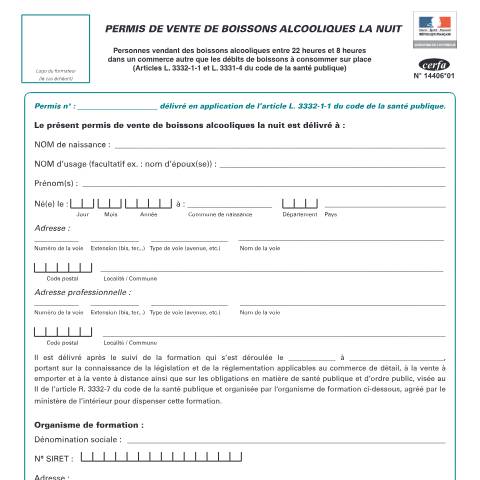 Aperçu du document Permis de vente de boissons alcooliques à emporter la nuit délivré par l'organisme de formation agréé — Professionnels, France (CERFA n°14406*01)
