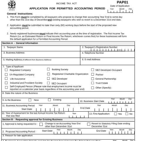 Document preview: Permitted Accounting Period — Form, Jamaica (CERFA n°PAP+Application+Form+-+March+4+2019++Final)