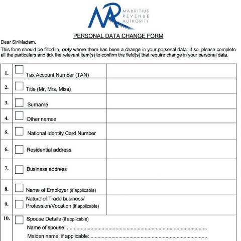 Document preview: Personal Data Change — Document, Mauritius (CERFA n°PersonalDataformNew)