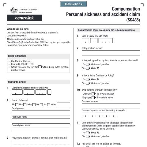 Document preview: Compensation Personal Sickness and Accident Claim — Services Australia — Individuals (by code), Australia (CERFA n°SS485)