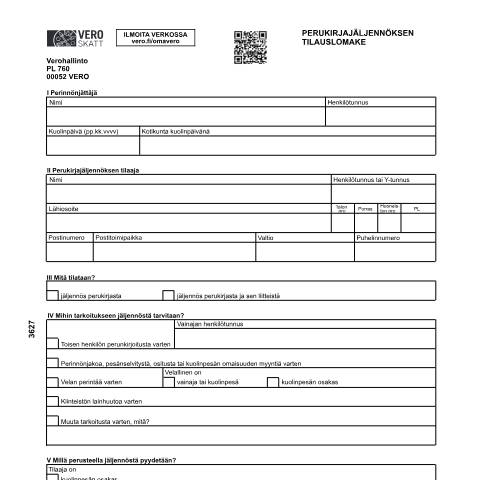 Document preview: Jäljennös perukirjasta, tilauslomake (3627) — Jäljennös perukirjasta, tilauslomake (3627), Suomi (CERFA n°Vero 3627)