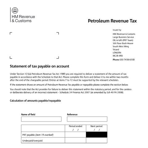 Document preview: Report the payable amount of Petroleum Revenue Tax — HM Revenue & Customs, United Kingdom
