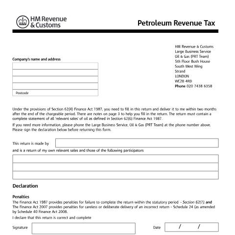 Document preview: File an additional Petroleum Revenue Tax return — HM Revenue & Customs, United Kingdom