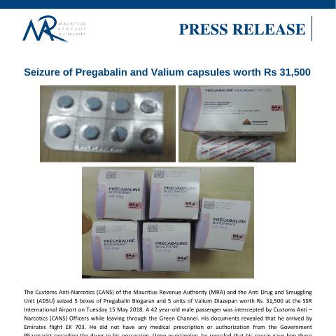 Document preview: Seizure of Pregabalin and Valium capsules worth Rs 31,500 (16.05.18) — Document, Mauritius (CERFA n°PressRelease160518)