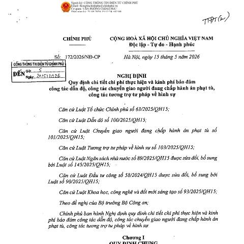 Document preview: Nghị định số 172/2026/NĐ-CP của Chính phủ: Quy định chi tiết chi phí thực hiện và kinh phí bảo đảm công tác dẫn độ, công tác chuyển giao người đang chấp hành án phạt tù, công tác tương trợ tư pháp về hình sự — Phí, lệ phí / Fees, Việt Nam (CERFA n°172/2026/NĐ-CP)