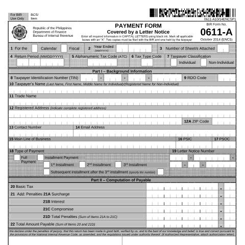 Document preview: BIR Form No. 0611-A - Payment Form Covered by a Letter Notice — Payment/Remittance Forms, Philippines (CERFA n°0611-A)