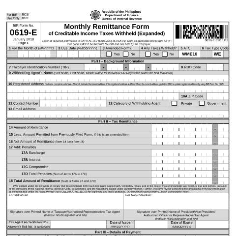 Document preview: BIR Form No. 0619-E - Monthly Remittance Form of Creditable Income Taxes Withheld (Expanded) — Payment/Remittance Forms, Philippines (CERFA n°0619-E)