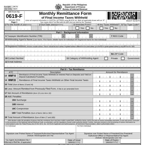 Document preview: BIR Form No. 0619-F - Monthly Remittance Form of Final Income Taxes Withheld — Payment/Remittance Forms, Philippines (CERFA n°0619-F)