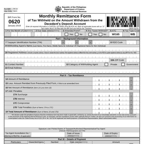 Document preview: BIR Form No. 0620 - Monthly Remittance Form of Tax Withheld on the Amount Withdrawn from the Decedent's Deposit Account — Payment/Remittance Forms, Philippines (CERFA n°0620)