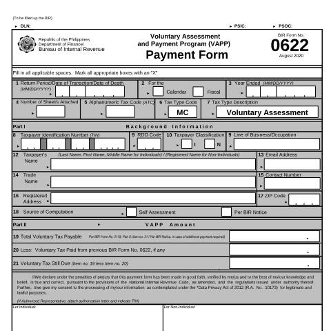 Document preview: BIR Form No. 0622 Voluntary Assessment and Payment Program (VAPP) Payment Form — Other Forms, Philippines (CERFA n°0622)