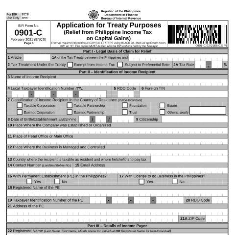 Document preview: BIR Form No. 0901-C - Application for Treaty Purposes (Relief from Philippine Income Tax on Capital Gains) — Application Forms, Philippines (CERFA n°0901-C)