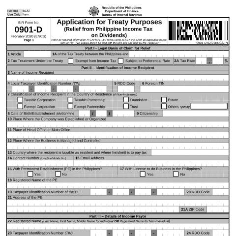 Document preview: BIR Form No. 0901-D - Application for Treaty Purposes (Relief from Philippine Income Tax on Dividends) — Application Forms, Philippines (CERFA n°0901-D)