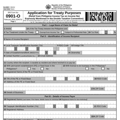 Document preview: BIR Form No. 0901-O - Application for Treaty Purposes (Relief from Philippine Income Tax on Income Not Expressly Mentioned in the Double Taxation Convention) — Application Forms, Philippines (CERFA n°0901-O)