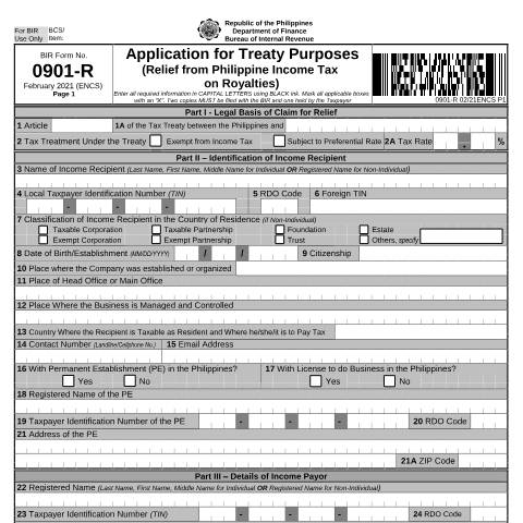 Document preview: BIR Form No. 0901-R - Application for Treaty Purposes (Relief from Philippine Income Tax on Royalties) — Application Forms, Philippines (CERFA n°0901-R)
