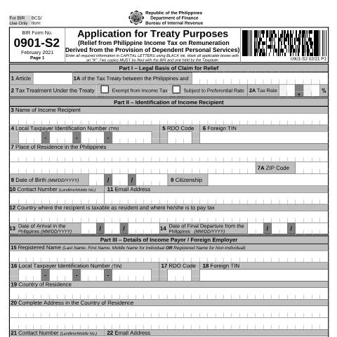 Document preview: BIR Form No. 0901-S2 - Application for Treaty Purposes (Relief from Philippine Income Tax on Remuneration Derived from the Provision of Dependent Personal Services) — Application Forms, Philippines (CERFA n°0901-S2)