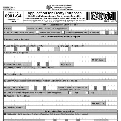 Document preview: BIR Form No. 0901-S4 - Application for Treaty Purposes (Relief from Philippine Income Tax on Income Earned by Entertainers/Artist, Sportspersons or Other Temporary Visitors) — Application Forms, Philippines (CERFA n°0901-S4)
