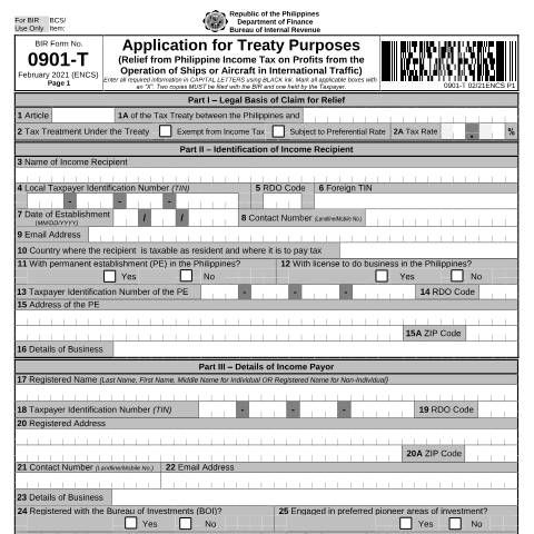 Document preview: BIR Form No. 0901-T - Application for Treaty Purposes (Relief from Philippine Income Tax on Profits from the Operation of Ships or Aircraft in International Traffic) — Application Forms, Philippines (CERFA n°0901-T)