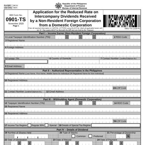 Document preview: BIR Form No. 0901-TS - Application for the Reduced Rate on Intercompany Dividends Received by a Non-Resident Foreign Corporation from a Domestic Corporation — Application Forms, Philippines (CERFA n°0901-TS)