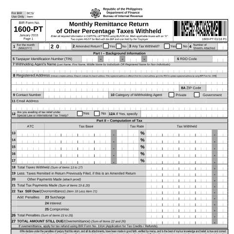 Document preview: BIR Form No. 1600-PT - Monthly Remittance Return of Other Percentage Taxes Withheld — Payment/Remittance Forms, Philippines (CERFA n°1600-PT)