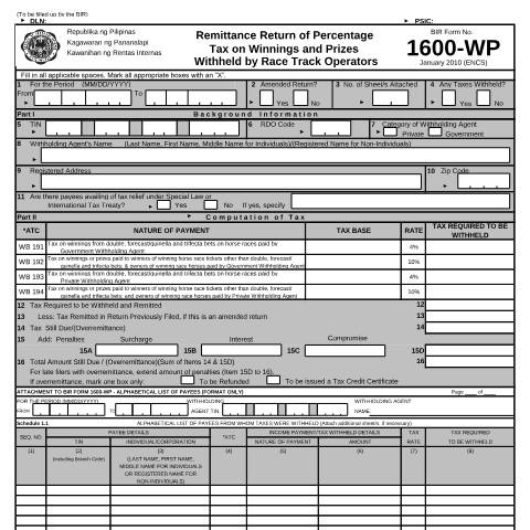 Document preview: BIR Form No. 1600WP - Remittance Return of Percentage Tax on Winnings and Prizes Withheld by Race Track Operators — Payment/Remittance Forms, Philippines (CERFA n°1600WP)