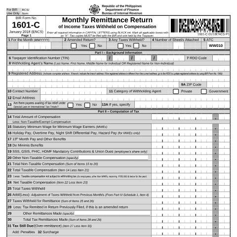 Document preview: BIR Form No. 1601-C - Monthly Remittance Return of Income Taxes Withheld on Compensation — Payment/Remittance Forms, Philippines (CERFA n°1601-C)