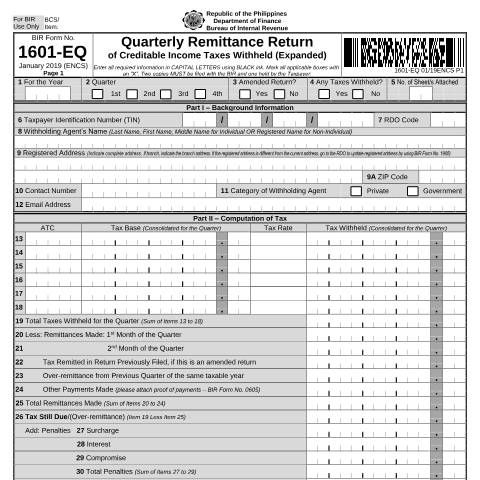 Document preview: BIR Form No. 1601-EQ - Quarterly Remittance Return of Creditable Income Taxes Withheld (Expanded) — Payment/Remittance Forms, Philippines (CERFA n°1601-EQ)