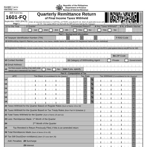 Document preview: BIR Form No. 1601-FQ - Quarterly Remittance Return of Final Income Taxes Withheld — Payment/Remittance Forms, Philippines (CERFA n°1601-FQ)