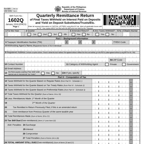 Document preview: BIR Form No. 1602Q - Quarterly Remittance Return of Final Income Taxes Withheld on Interest Paid on Deposits and Yield on Deposit Substitutes/Trusts/Etc. — Payment/Remittance Forms, Philippines (CERFA n°1602Q)
