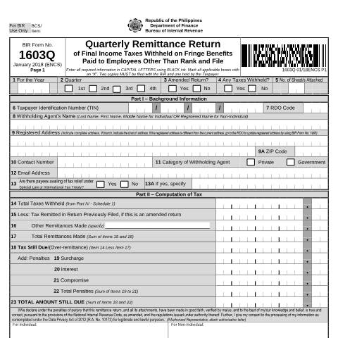 Document preview: BIR Form No. 1603Q - Quarterly Remittance Return of Final Income Taxes Withheld on Fringe Benefits Paid to Employees Other than Rank and File — Payment/Remittance Forms, Philippines (CERFA n°1603Q)