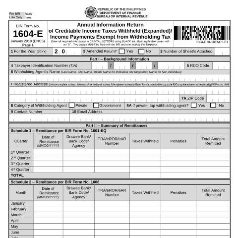 Document preview: BIR Form No. 1604-E - Annual Information Return of Creditable Income Taxes Withheld (Expanded)/ Income Payments Exempt from Withholding Tax — Payment/Remittance Forms, Philippines (CERFA n°1604-E)