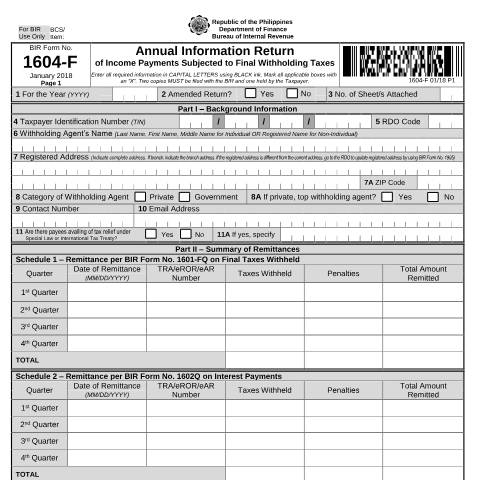Document preview: BIR Form No. 1604-F - Annual Information Return of Income Payments Subjected to Final Withholding Taxes — Payment/Remittance Forms, Philippines (CERFA n°1604-F)