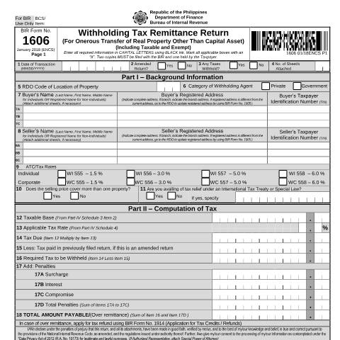 Document preview: BIR Form No. 1606 - Withholding Tax Remittance Return For Onerous Transfer of Real Property Other Than Capital Asset (Including Taxable and Exempt) — Payment/Remittance Forms, Philippines (CERFA n°1606)