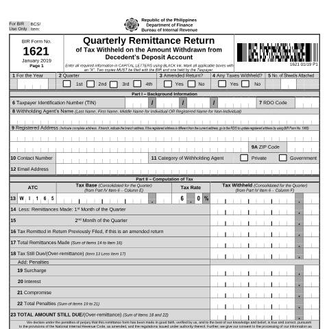 Document preview: BIR Form No. 1621 - Quarterly Remittance Return of Tax Withheld on the Amount Withdrawn from Decedent's Deposit Account — Payment/Remittance Forms, Philippines (CERFA n°1621)