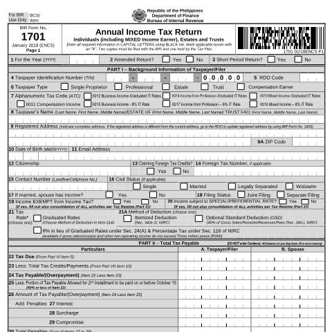 Document preview: BIR Form No. 1701 - Annual Income Tax Return For Individuals (including MIXED Income Earner), Estates and Trusts — Income Tax Return, Philippines (CERFA n°1701)
