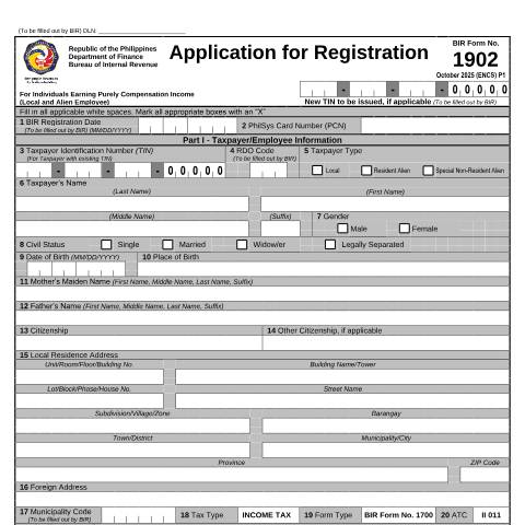 Document preview: BIR Form No. 1902 - Application for Registration For Individuals Earning Purely Compensation Income (Local and Alien Employee) — Application Forms, Philippines (CERFA n°1902)