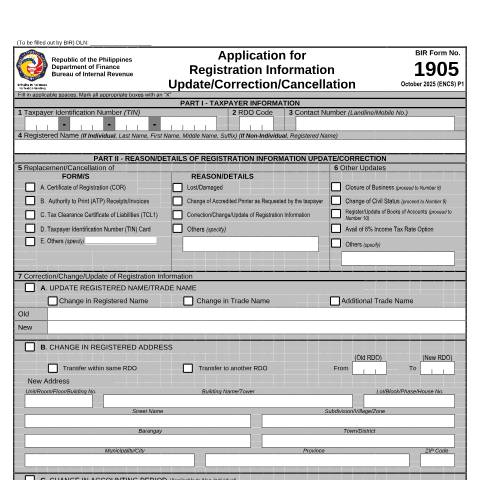 Document preview: BIR Form No. 1905 - Application for Registration Information Update/Correction/Cancellation — Application Forms, Philippines (CERFA n°1905)